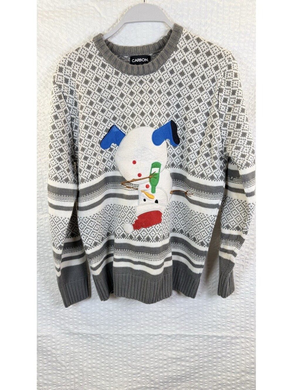 Carbon Men Sweater White Drunk Snowman Christmas Holiday Crewneck Funny Medium